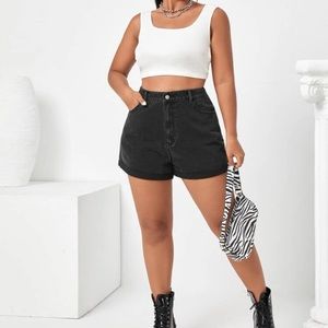 Plus Size Black Denim Cuffed High Waisted Shorts